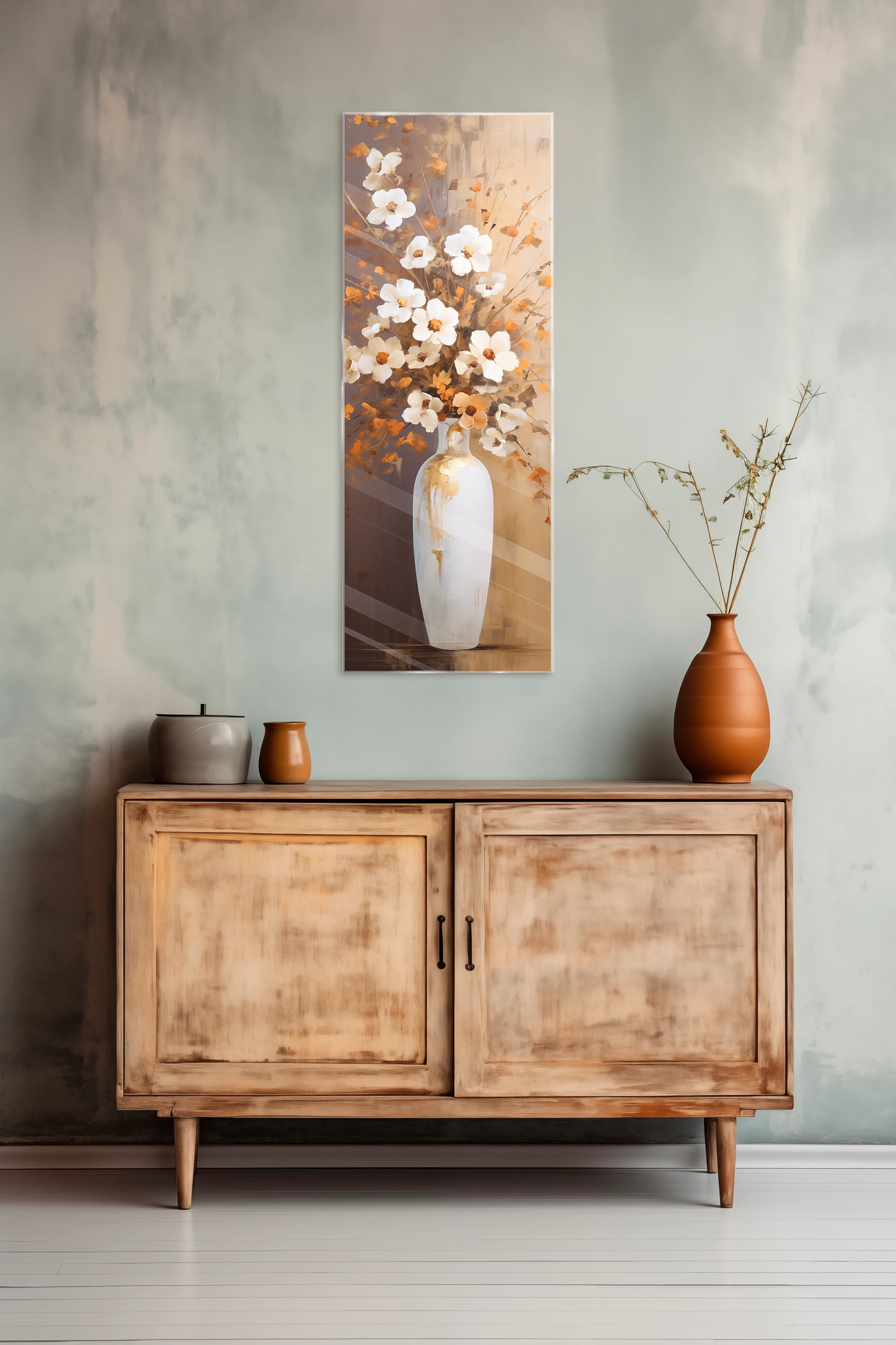 Glasbild 30 x 80 cm Flowers White And Beige I 
