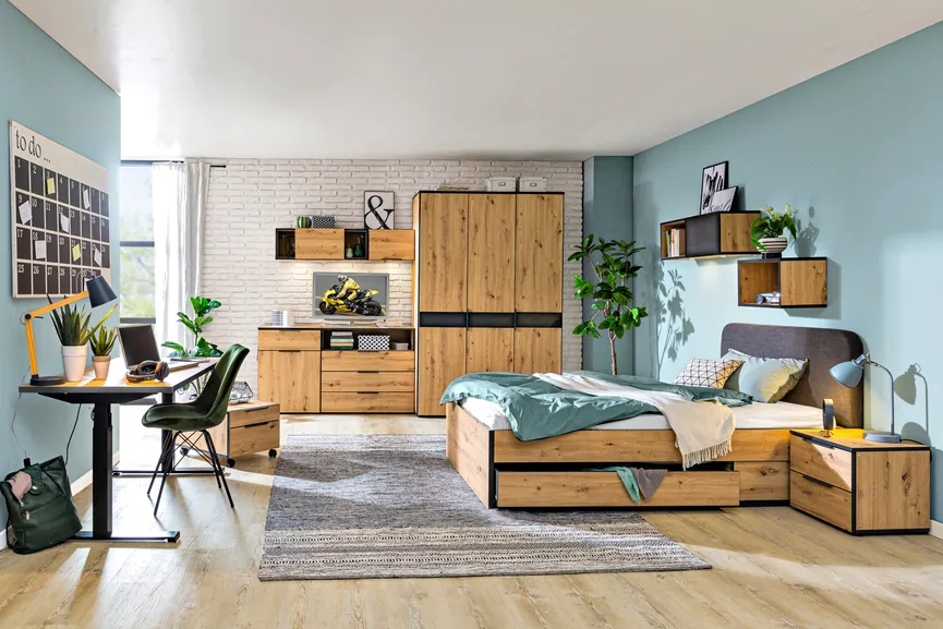 Bett mit Stauraum-Schubkasten milieu