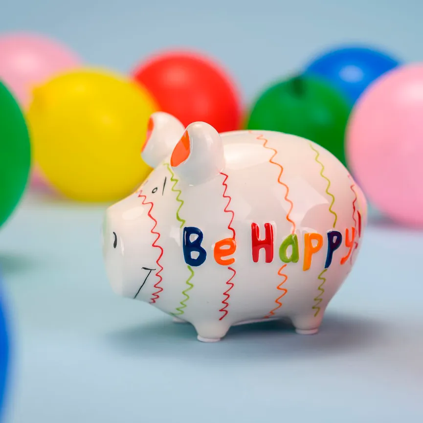 Sparschwein "Be Happy!" weiß milieu