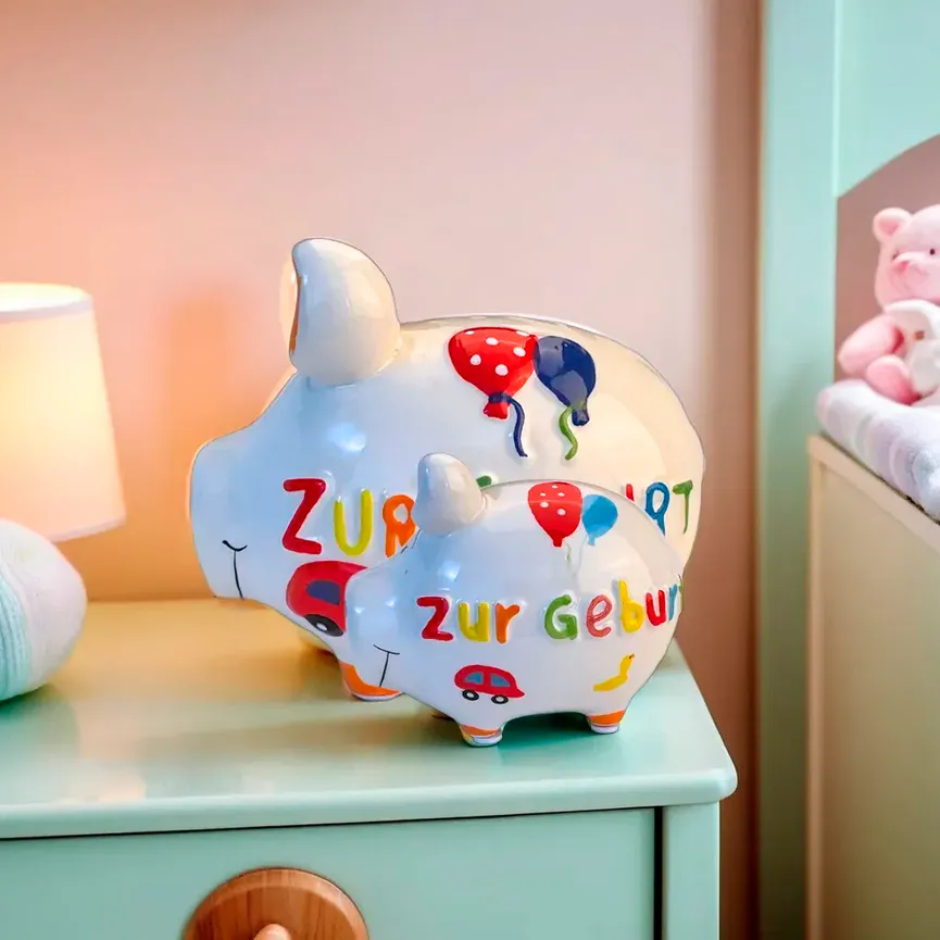 Sparschwein "Zur Geburt" weiß milieu